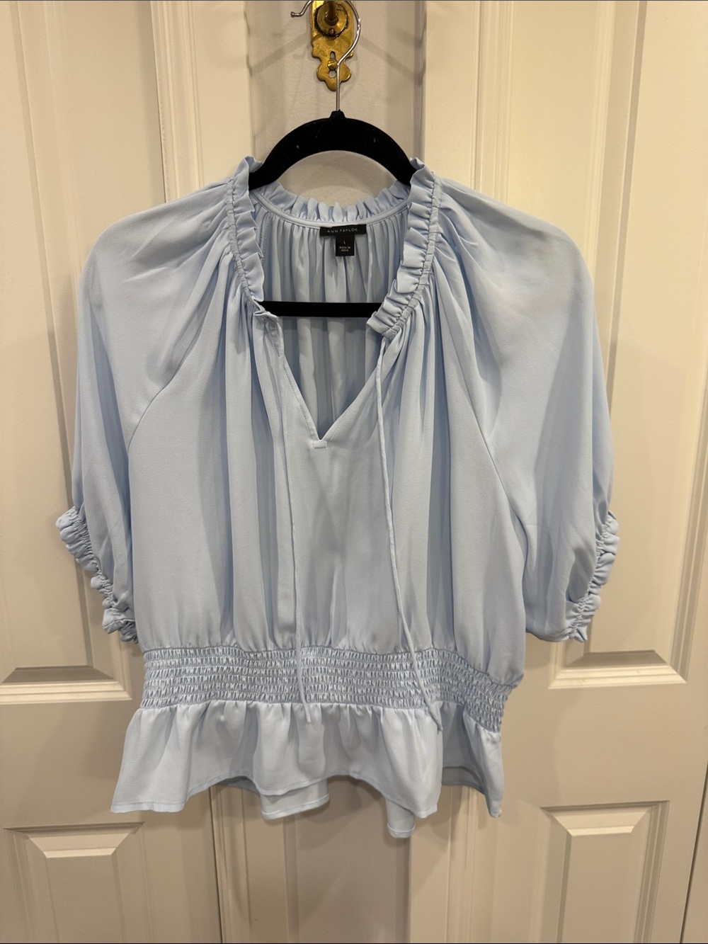 Ann Taylor Pale Blue Peplum Blouse with Smocked Waist
